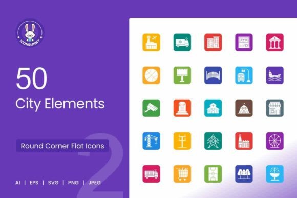 50 City Elements Filled Round Icons