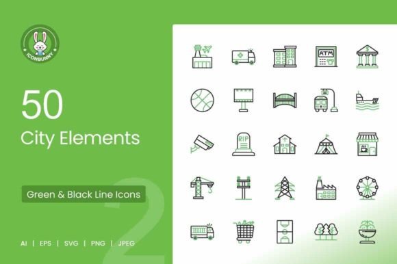 50 City Elements Green Black Icons